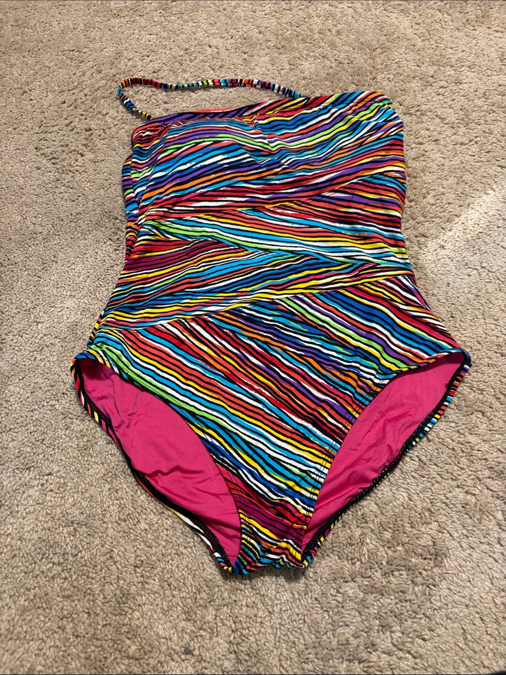 Anne Cole Women’s Standard Twist Front Piece rainbow-striped bandeau swimsuit 12